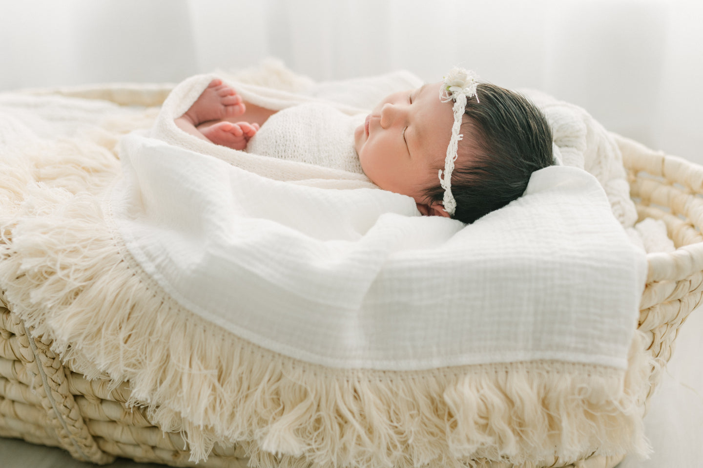 Boho Baby Muslin Swaddle Blanket with Fringe Edging